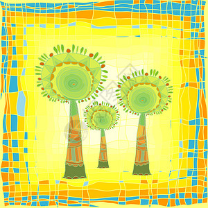 三橡木树丛颜色抽象树插画