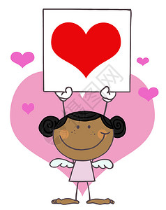 婚介拿着红心标志的可爱棍子黑人女孩丘比特插画