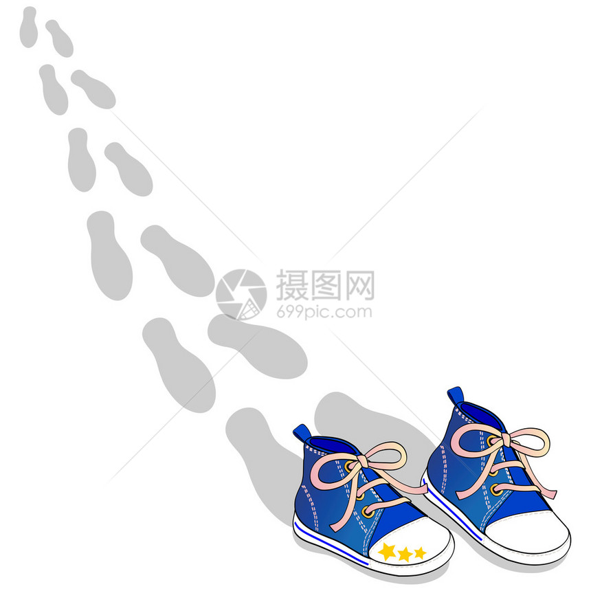 本矢量图解描述一双蓝鞋和留下的步行脚足图片