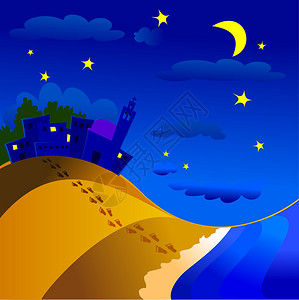 描绘村庄海洋和海滩的夜景观背景图片