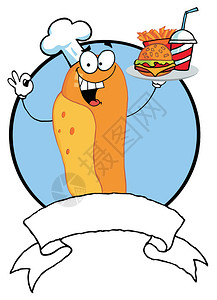 卡通热狗厨师架汉堡包和炸薯条盘图片