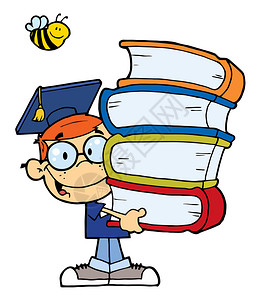 蜜蜂在一个快乐的红头发研究生院男孩背着一摞书插画