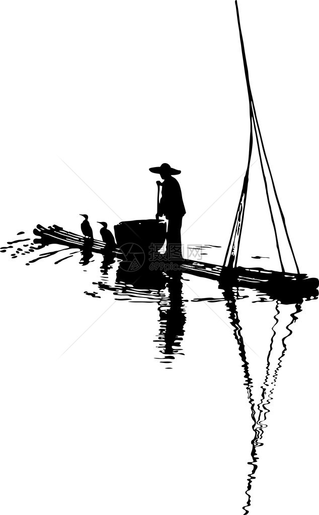 一艘在河上漂浮的木筏上白色背景被孤立的有鱼的图片