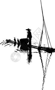 被放飞鹈鹕一艘在河上漂浮的木筏上白色背景被孤立的有鱼的插画