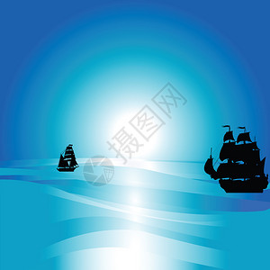 借景与帆船黑色剪影的海洋lendscape插画