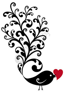 观赏植物黑色的观赏鸟红色的心矢量背景插画