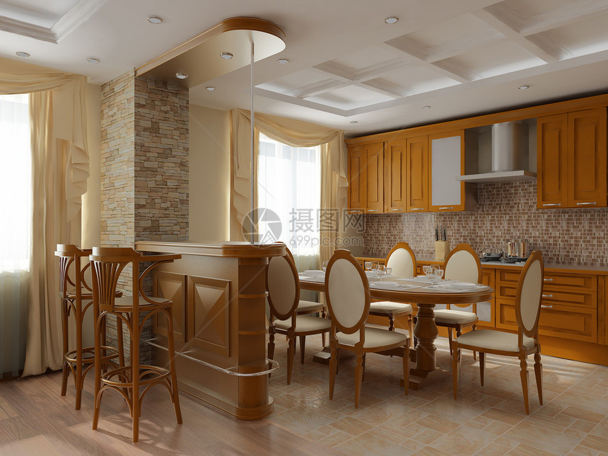 3d供体用光调和石墙的古典风格建造一个餐厅图片