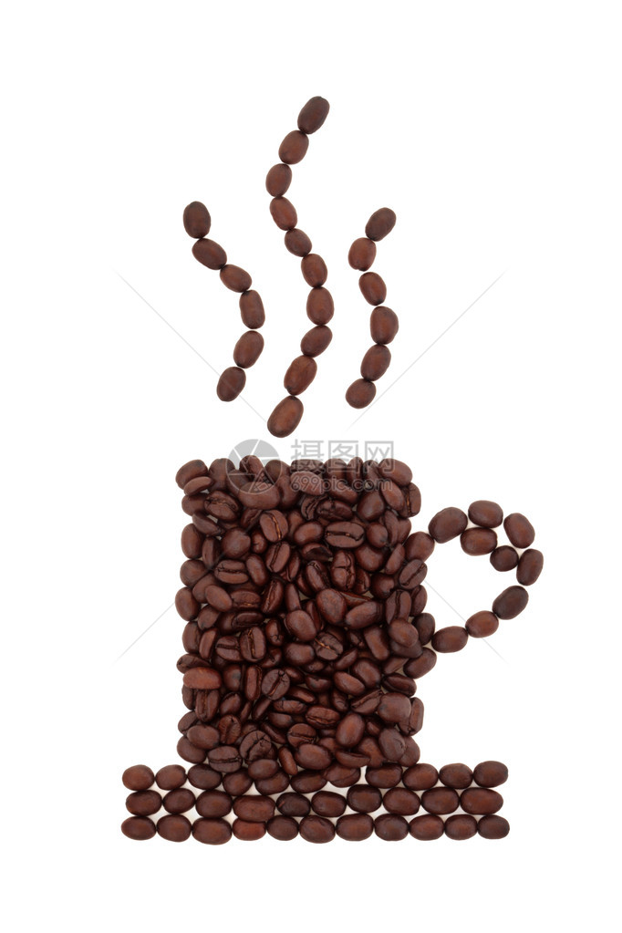 咖啡豆以咖啡杯和茶碟的抽象形状图片