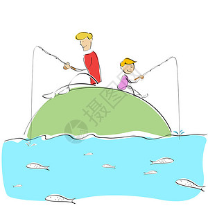 父子一起钓鱼的插图图片
