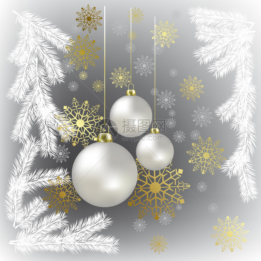 灰色背景中的圣诞球和金色雪花图片