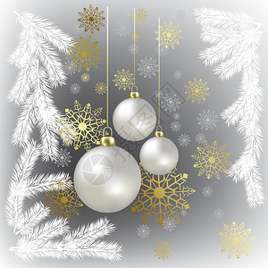 灰色背景中的圣诞球和金色雪花图片
