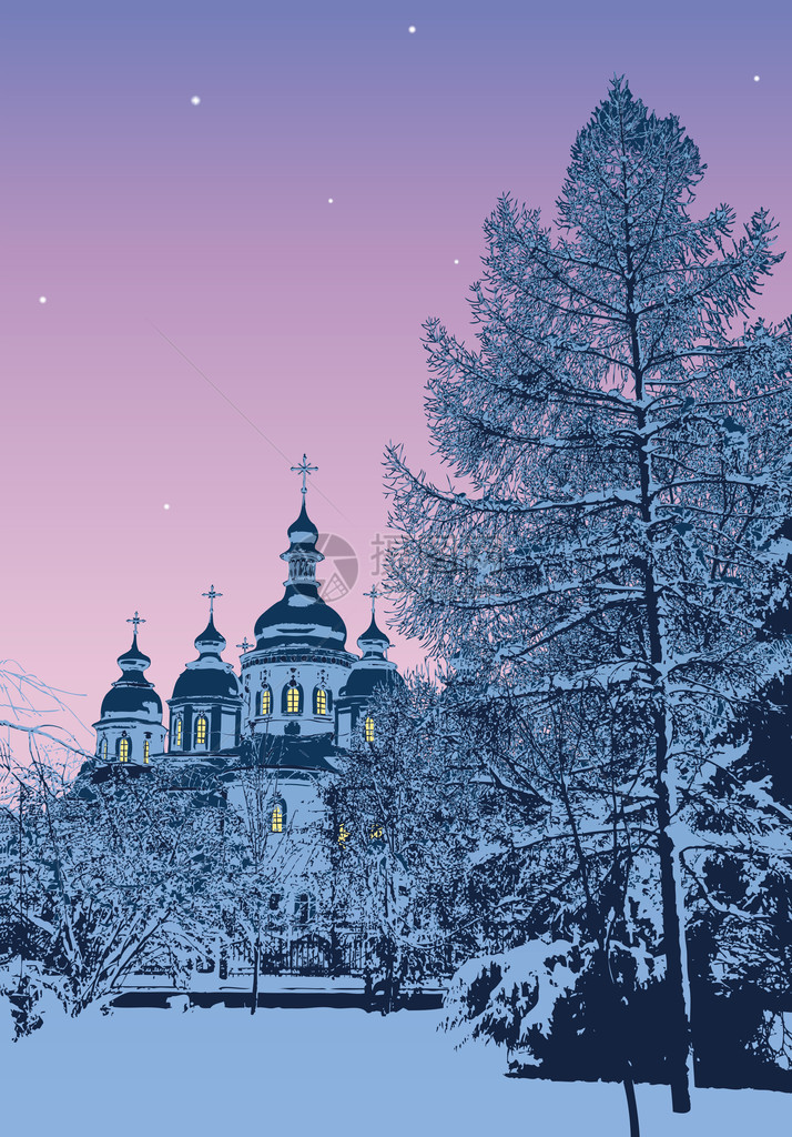 乌克兰基辅迈克尔大教堂附近的雪覆盖公园的冬季晚宴图片