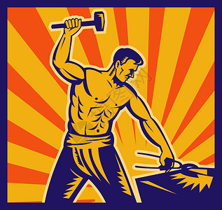 铁匠在工作时挥动锤子在背景中晒太阳用图片