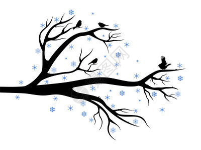 多枝的冬季构图上面有树枝和鸟儿插画