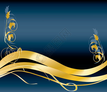 蓝色背景上的抽象金色螺旋花卉网格工作和画笔矢量背景图片