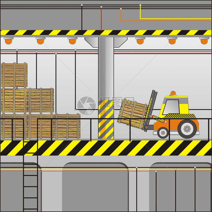 带木箱的工业区电动叉车图片