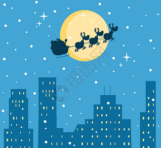 蓝色城市上满月前圣诞老人和魔法驯鹿的剪影图片