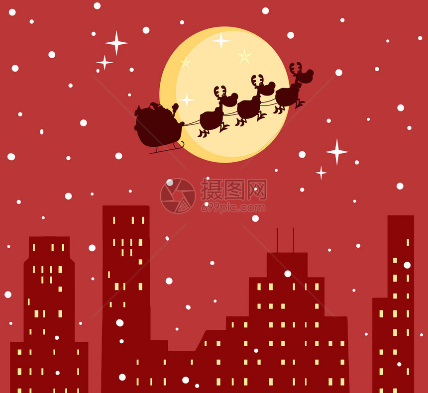红色城市满月前圣诞老人和魔法驯鹿的剪影图片
