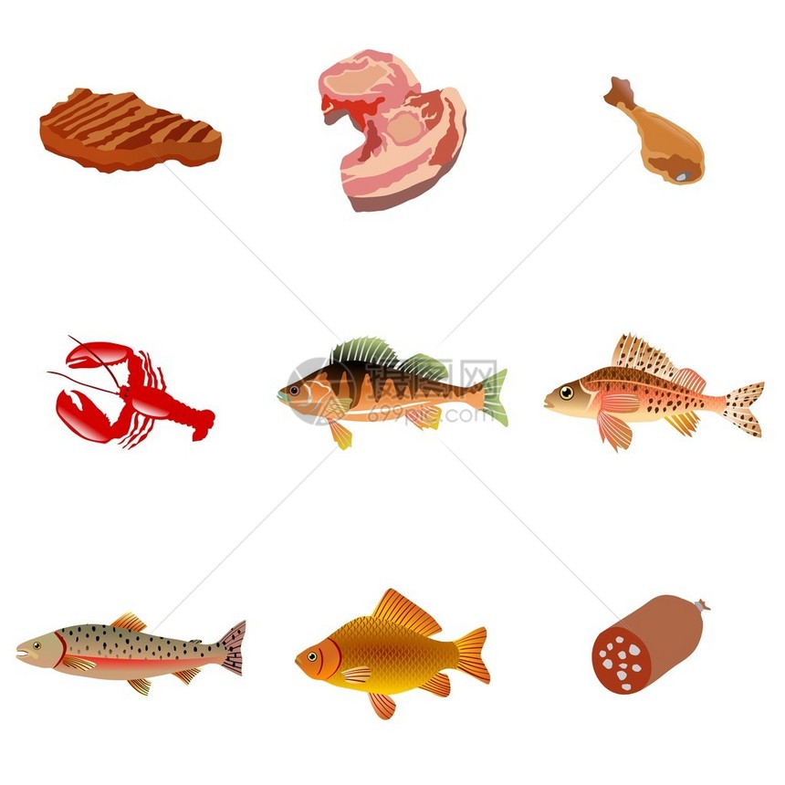 一套矢量肉类和鱼类食品图片