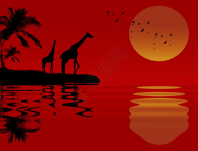 长颈鹿在靠近水的红色非洲景观中矢量图解图片