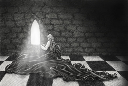 一个女孩在黑暗中世纪城堡做针线缝图片