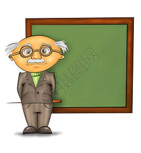 学术界有趣的卡通教授站在黑板边的白插画