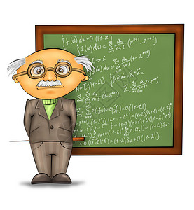 有趣的卡通教授站在黑板边的白高清图片
