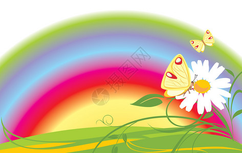 彩虹背景上的洋甘菊和蝴蝶矢量插图图片
