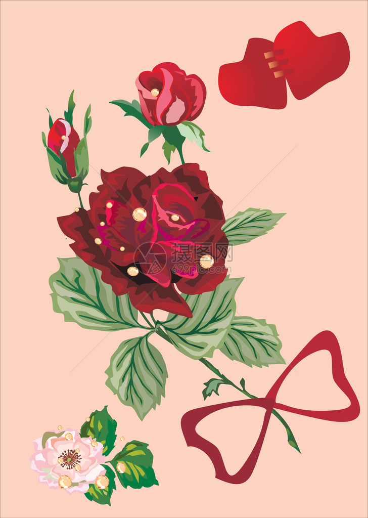 红玫瑰和心的插图图片