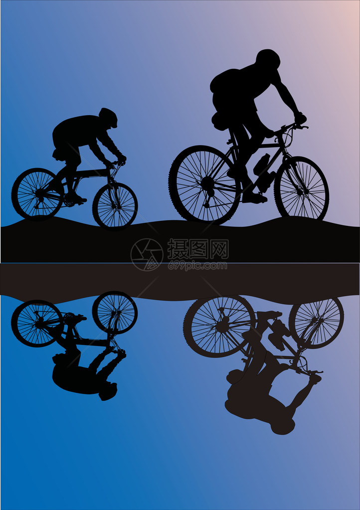 两个户外骑自行车者剪影的插图图片