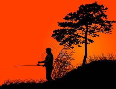 插图与日落时的渔夫剪影背景图片