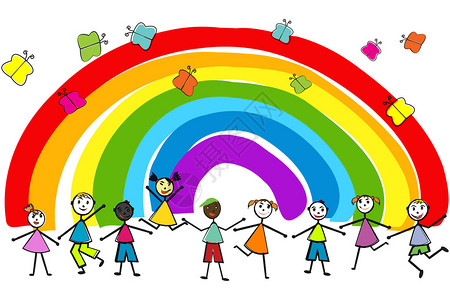 孩子们在彩虹背景上玩耍图片