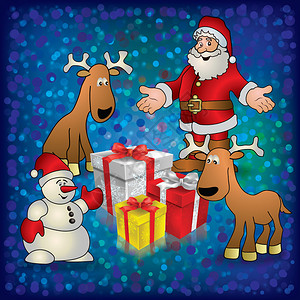 与圣诞雪人鹿和礼品一起向圣诞老人背景图片
