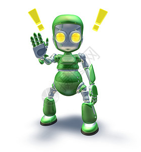 绿色友好的机器人吉祥物格警告或用手臂图片