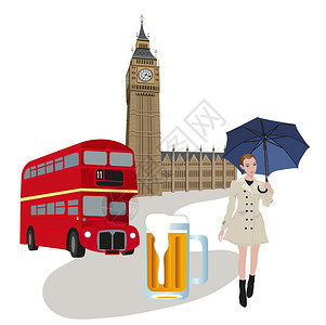 BigBen塔伦敦公共汽车啤酒和带伞图片