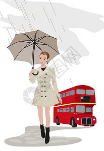 说明伦敦一辆公共汽车和一个带伞图片