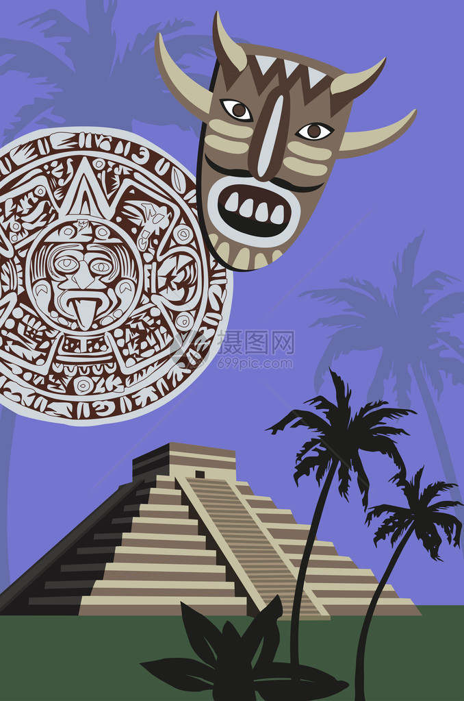 插图与古代玛雅金字塔和日历图片