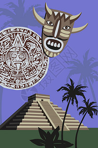 插图与古代玛雅金字塔和日历图片
