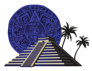 阿胡伊插图与古代玛雅金字塔和日历插画