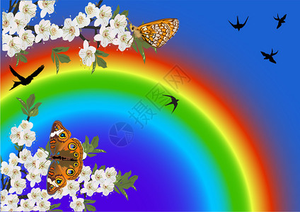 插图与樱桃树花和蝴蝶在蓝色背景图片