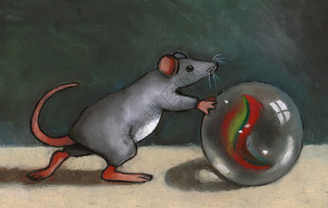 一只老鼠推着大理石的油画棒图片
