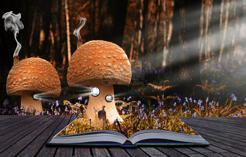 幻想世界包含在童话般的书上溢出并图片