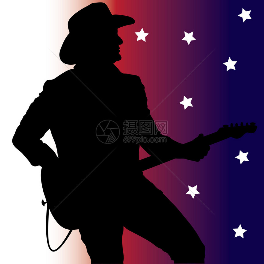 乡村音乐吉他手剪影的艺术插图在红色白色和蓝图片