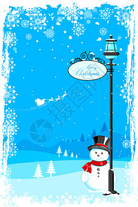 圣诞夜灯柱下雪人的插图图片