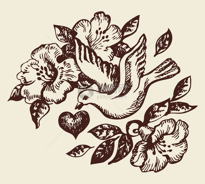 心与花的鸟手绘插图图片