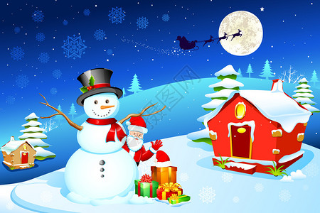 潘克拉斯圣诞夜雪人带圣塔克拉斯和礼物插画
