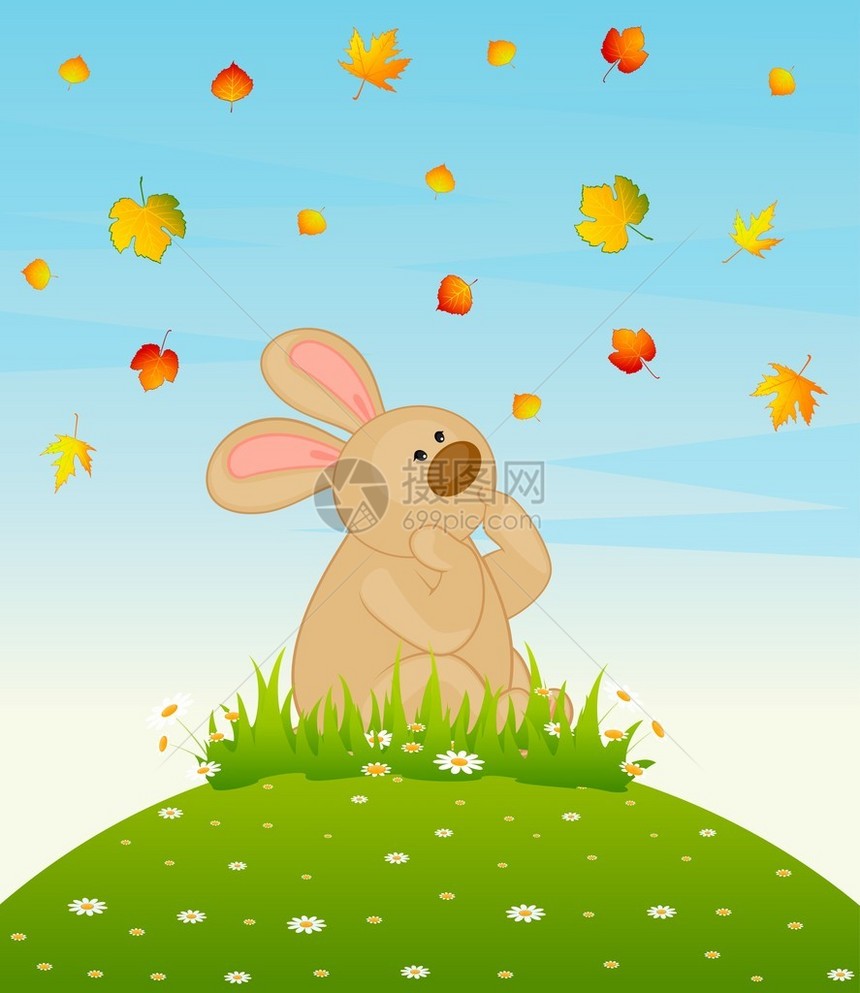 有秋叶的卡通小玩具兔子图片