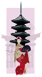 沙溪兴教寺与Geisha日本塔和ToriiSilhou插画