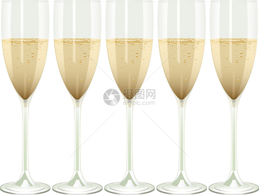 白色背景上的一排香槟长笛图片
