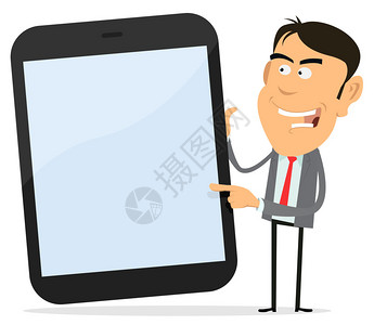 插图一个漫画平板电脑与快乐的商人对着图片